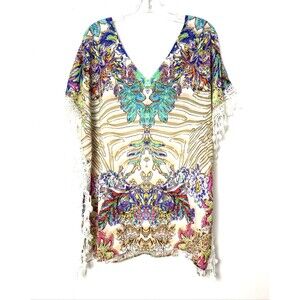 Alberto Makali Beach Blouse Size L Womens V Neck Multicolor Artsy Crochet Flower